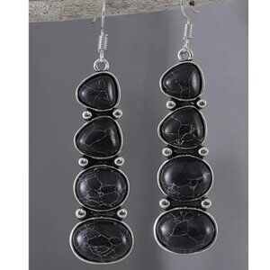 Long Silver Electro-Plated Drop Earrings with Synthetic Black Turquoise Stones